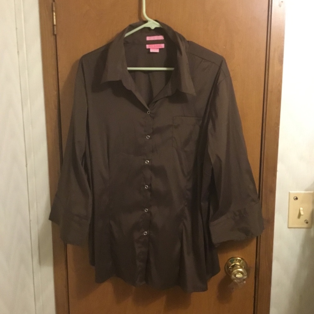 Women’s Brown Snap Button-Front Blouse - Classic Collared Top 3X